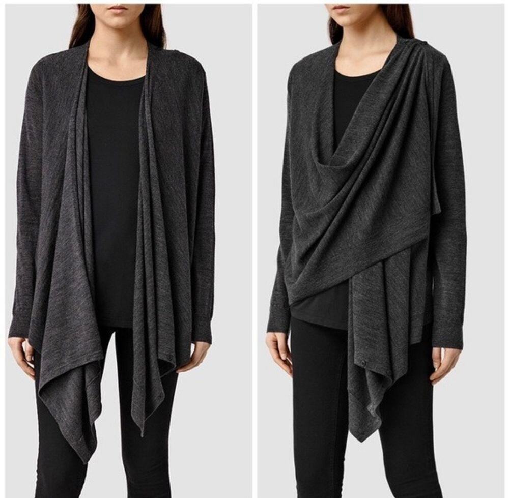 AllSaints Iona Multi Cardigan Womens M Gray 100% Merino Wool Convertible Drape - Picture 1 of 9